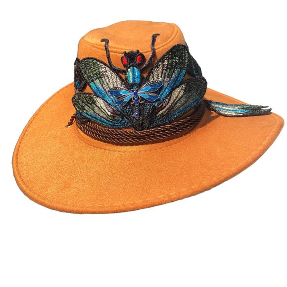 Dragonfly Hat Embellished Fedora Y2K Boho Whimsical Apricot Color NEW - Picture 6 of 7